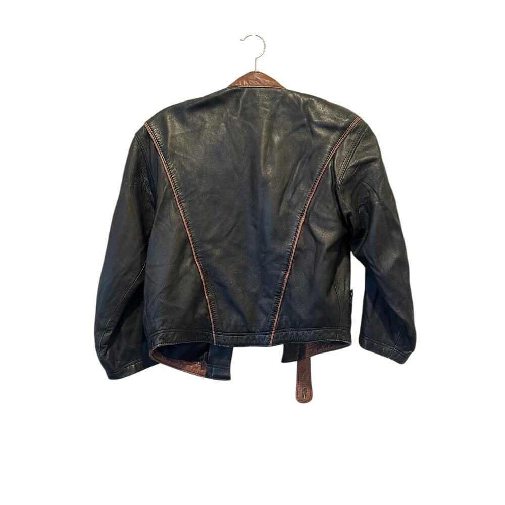 Vintage Butter Soft Black Leather Moto Jacket Brown Trim Quiet Luxury Minimalist - Picture 5 of 16